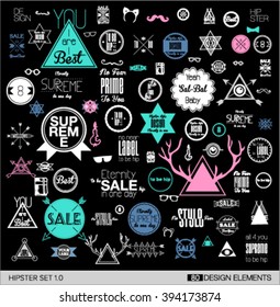 Flat black colored set of 80 hipster vintage line flat retro labels, stamps, signs, marks and calligraphy, text and stickers, graphic elements glasses, deer's horns, stars, mustaches