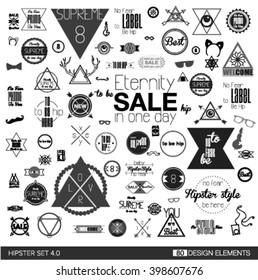 Flat black colored set of 80 hipster vintage line flat retro labels, stamps, signs, marks and calligraphy, text and stickers, graphic elements glasses, deer's horns, stars, mustaches
