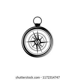 flat black compass icon isolated on white. compass traveler sign. Vector flat illustration. Orientation and navigation symbol. Old retro tool. Journey, adventure symbol. Seach and find. Hint, help