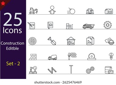 Flat Black Construction Site Icons Set – 30 Minimalist Industrial and Engineering Symbols