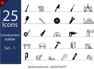 Flat Black Construction Site Icons Set – 30 Minimalist Industrial and Engineering Symbols