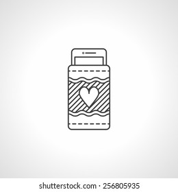 Flat black contour vector icon for handmade phone case with heart sign on white background.