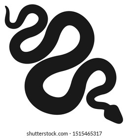 flat, black, curving silhouette of snake or python icon isolated on white background. 