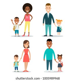 Flat black Family with children vector characters illustration set. Mother father with baby son and daughter. Wife husband, brother and sister. Woman, man, girl, boy. African american parenting.