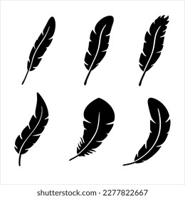 Flat black feathers, vintage bird plumage elements. Smooth graphic shapes. Set of Bird Feather. Pen icon. Bird Feather silhouettes for stencil, tattoo. Plumelet collection. Vector isolated on white.