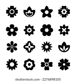 Flat black flower icons set. Simple flower silhouette. Retro aesthetic elements. Vector illustration.