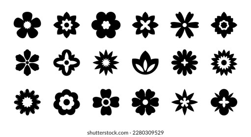 Iconos de flores negras planas. Silueta floral simple. Elementos estéticos retro. Ilustración vectorial.