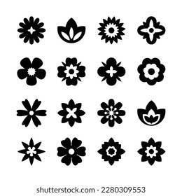 Flat black flower icons set. Simple flower silhouette. Retro aesthetic elements. Vector illustration.