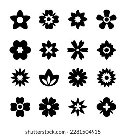Flat black flower icons set. Simple flower silhouette. Retro aesthetic elements. Vector illustration.