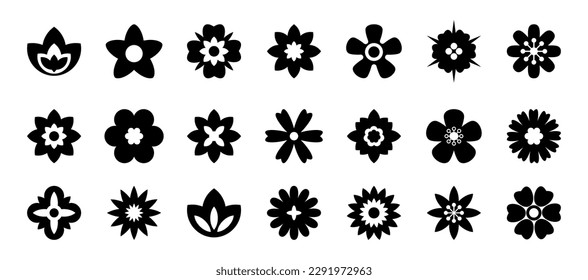 Flat black flower icons set. Simple flower silhouette. Retro aesthetic elements. Vector illustration.