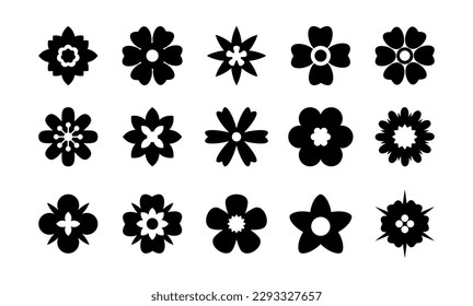 Flat black flower icons set. Simple flower silhouette. Retro aesthetic elements. Vector illustration.