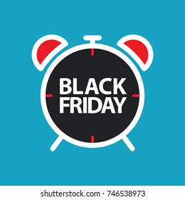 flat black friday alarm clock on blue background