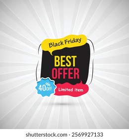 Flat Black Friday Best Offer Abstract Banner Up to 40% Off Special Price for Limited items with Stunning Element Shapes Templates in Yellow, Black and pink Perfect Sale Backgrounds for Your Designs.