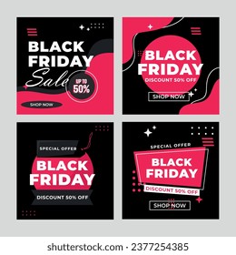  flat black Friday Instagram posts collection, Instagram post, sale social media banner template with black background
