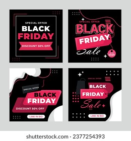  flat black Friday Instagram posts collection, Instagram post, sale social media banner template with black background
