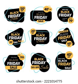 Flat black Friday sale badges collection. Promotion price label mega sale, shop now, special discount, big sale, limited time only, last chance. Vector Illustration