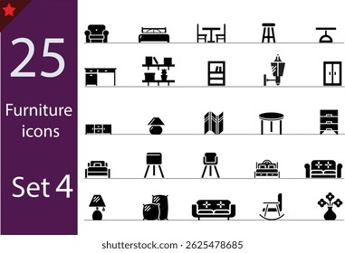 Flat Black Furniture Icons Set – Minimalist Home and Office Furnishing Symbol Collection