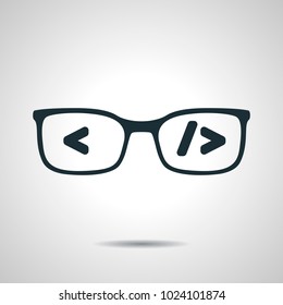 Flat Black Glasses With Code. Coder Or Programmer Symbol. Concept Of Software Developer Or Engineer Icon On Grey Bakground