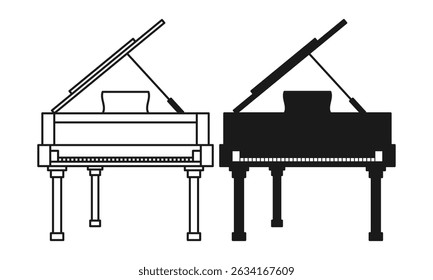 Grande Piano Preto Plano e Estilo de Contorno. Ícone de piano elegante no fundo branco.