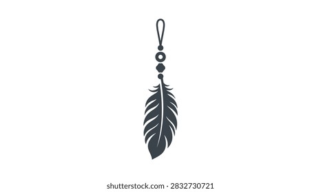 A flat black graphic design featuring a single feather hanging from a string with decorative beads on a white background