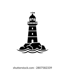 A flat black graphic icon featuring a lighthouse standing on a rocky outcrop surrounded by stylized ocean waves