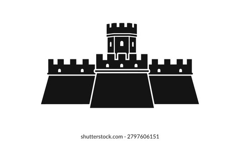 A flat black graphic silhouette of a fortified medieval castle with a central tower and battlements on a white background