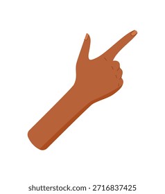 Flache schwarze Handgeste mit zwei Fingern. Die bloße Handfläche drückt die Nummer zwei mit Fingern in einem Aufwärtssignal aus. Nützlich für Zählkonzepte, isoliert im modernen Stil.