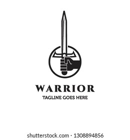 flat black hand hold sword warrior in circle logo icon vector template