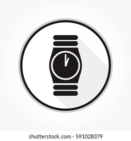 flat black hand watch icon on white circle with black frame and shadow effect