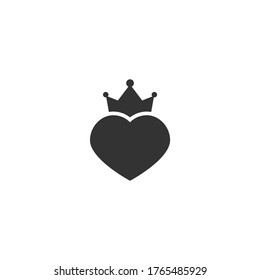 Flat black heart with royal crown isolated on white background. Love, romantic icon. St. valentine flat icon. isolated on white. Vector cartoon illustration. 