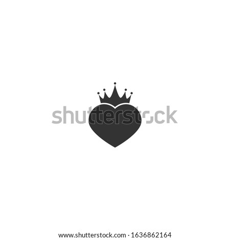 Flat black heart with royal crown isolated on white background. Love, romantic icon. St. valentine flat icon. isolated on white. Vector cartoon illustration. 