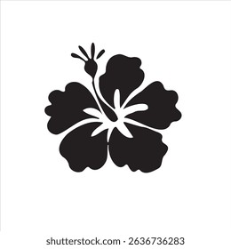 Flat black hibiscus flower design with radial petal shape. Use in apparel, greeting cards, or vacation promotions.