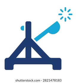 Flat black icon of a catapult launching a projectile weapon