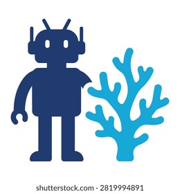 Flat black icon of a cute robot standing next to a treelike organic structure