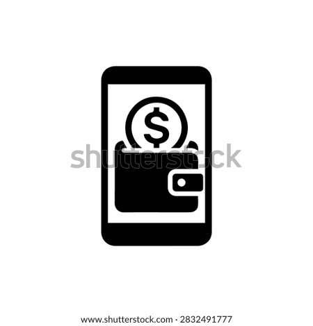 A flat black icon depicting a mobile wallet app on a smartphone, featuring a wallet and a dollar coin symbol for digital payments.