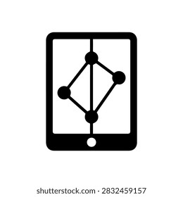 A flat black icon of a digital tablet screen featuring a connected network of dots and lines symbolizing data connectivity and mobile technology.