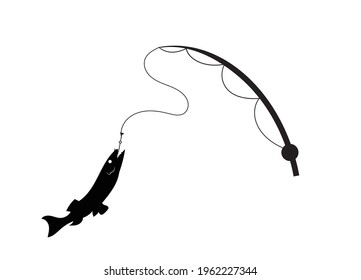 Flat black icon of fishing rods and fish on the hook, catch, hobby, sport, passion. Fishing and recreation.