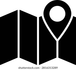 Flat black icon of folded paper map featuring location pin marker. Representing navigation travel tourism route finding or geographic search point.