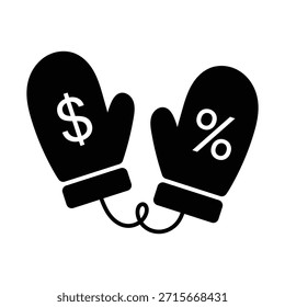 Un icono negro plano sobre un fondo blanco que representa un par de mitones conectados por una cuerda. La manopla izquierda presenta un signo de dólar ($), mientras que la manopla derecha muestra un signo de porcentaje (%). Esta ilustración combina prendas de invierno con símbolos financieros para representar temas como las ventas de temporada, descuentos y ahorros durante los fríos meses de Clima.