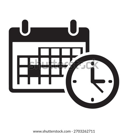 A flat black icon representing a calendar and a clock for scheduling, appointments, deadlines, and time management.