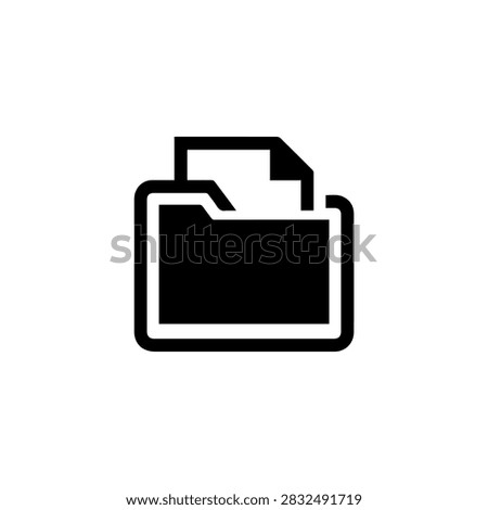 A flat black icon representing a digital folder containing a document, perfect for file management, UI design, and computer interface applications.