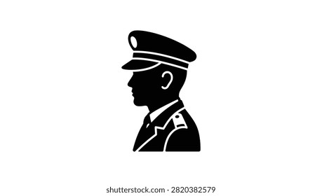A flat black icon representing a military man or police officer wearing a peaked cap in profile view isolated on white background