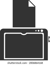 Flat black icon of a vector printer with paper. The vector image is isolated on a white background.