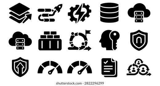 Flat black icons representing technology security and data concepts
