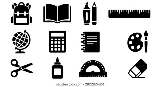 Flat black icons representing technology security and data concepts