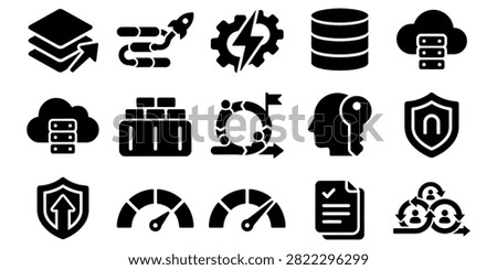 Flat black icons representing technology security and data concepts