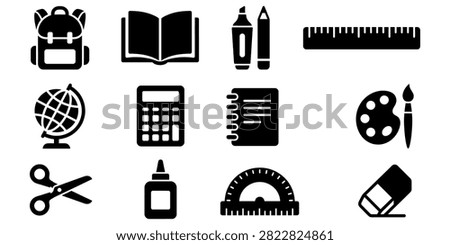 Flat black icons representing technology security and data concepts