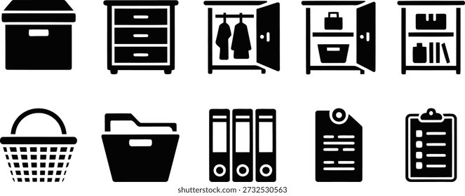 Flat black icons showcasing various storage units and office supplies, including cabinets, shelves, baskets, and binders for efficient organization.