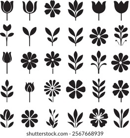 Flat black icons. Simple flower silhouette. Retro vintage style, hand drawn decorative elements