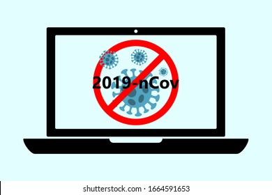 flat black laptop icon with Abstract virus strain model Novel coronavirus 2019-nCoV is crossed out with red STOP sign. MERS-Cov, COVID-19, Novel corona virus disease 2019